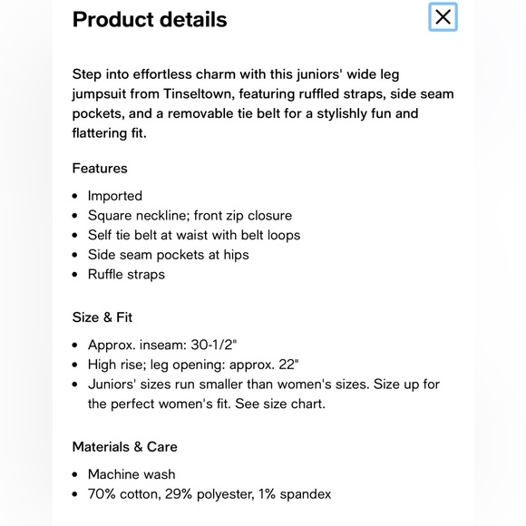 NWT Tinseltown Wide Leg, Ruffle Strap Denim Jumpsuit- size M - Picture 2 of 10